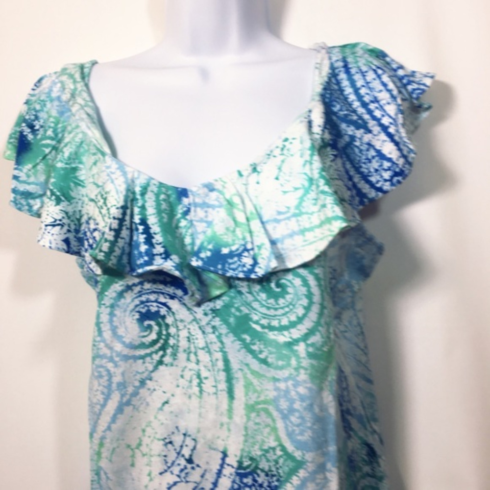 SOLD Chaps Womens Top L XL Blue Green Ruffle - Picture 6 of 6